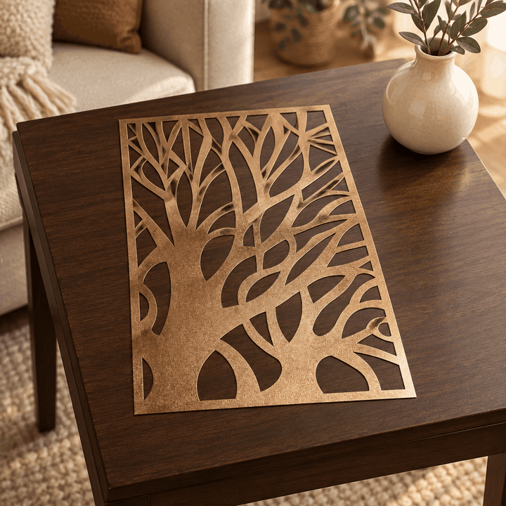 Bronze rectangular table mat with cut-out tree branch pattern on dark wooden table