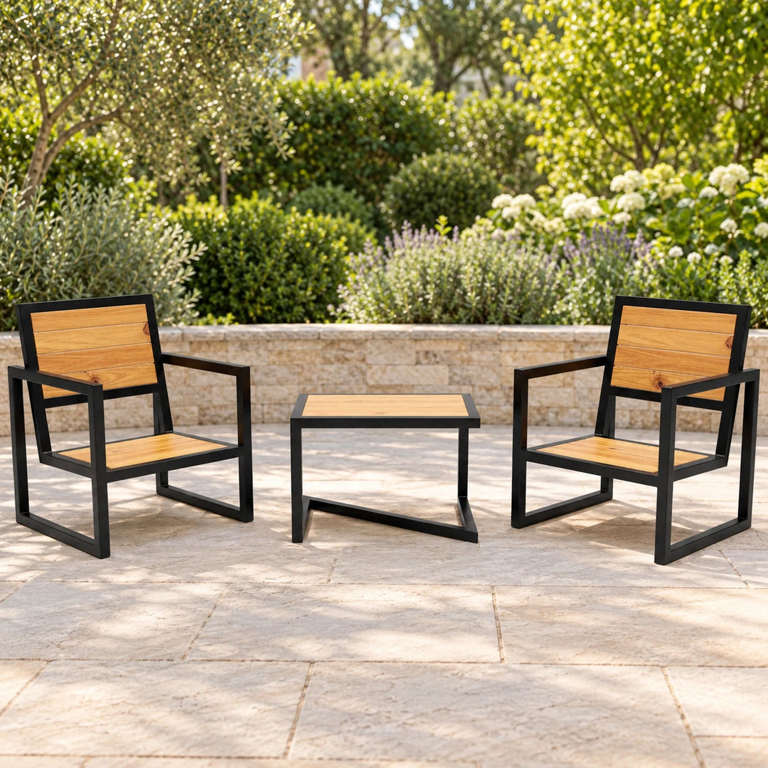 Burnziee set with two brown and black chairs and a matching table on a patio