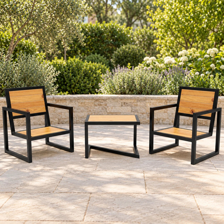 Burnziee set with two brown and black chairs and a matching table on a patio