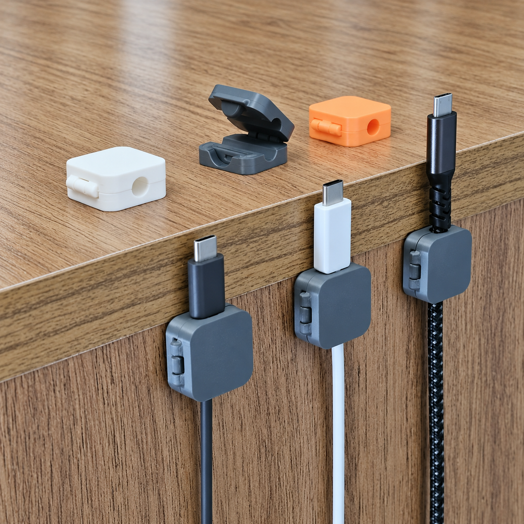 3D printed cable organizer clips showing hinged lids and desk mounting