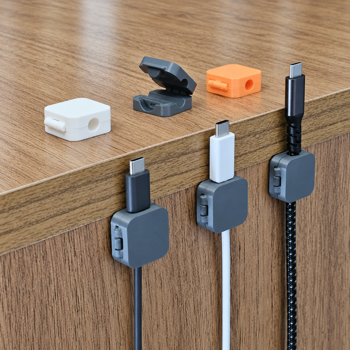 3D printed cable organizer clips showing hinged lids and desk mounting