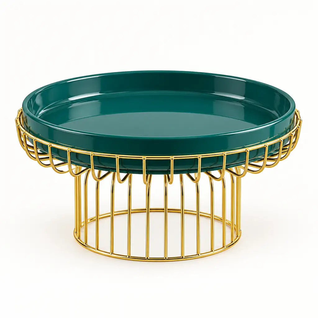 Round teal serving tray with a gold cage-style pedestal on white