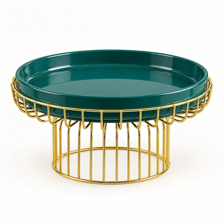 Round teal serving tray with a gold cage-style pedestal on white