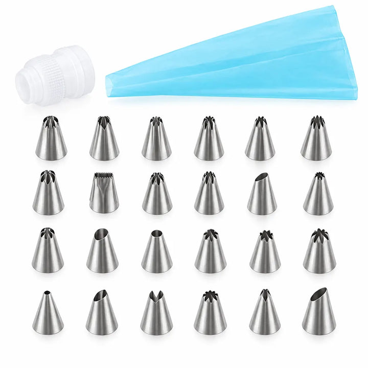 Cake-decorating nozzles with a blue piping bag and white coupler