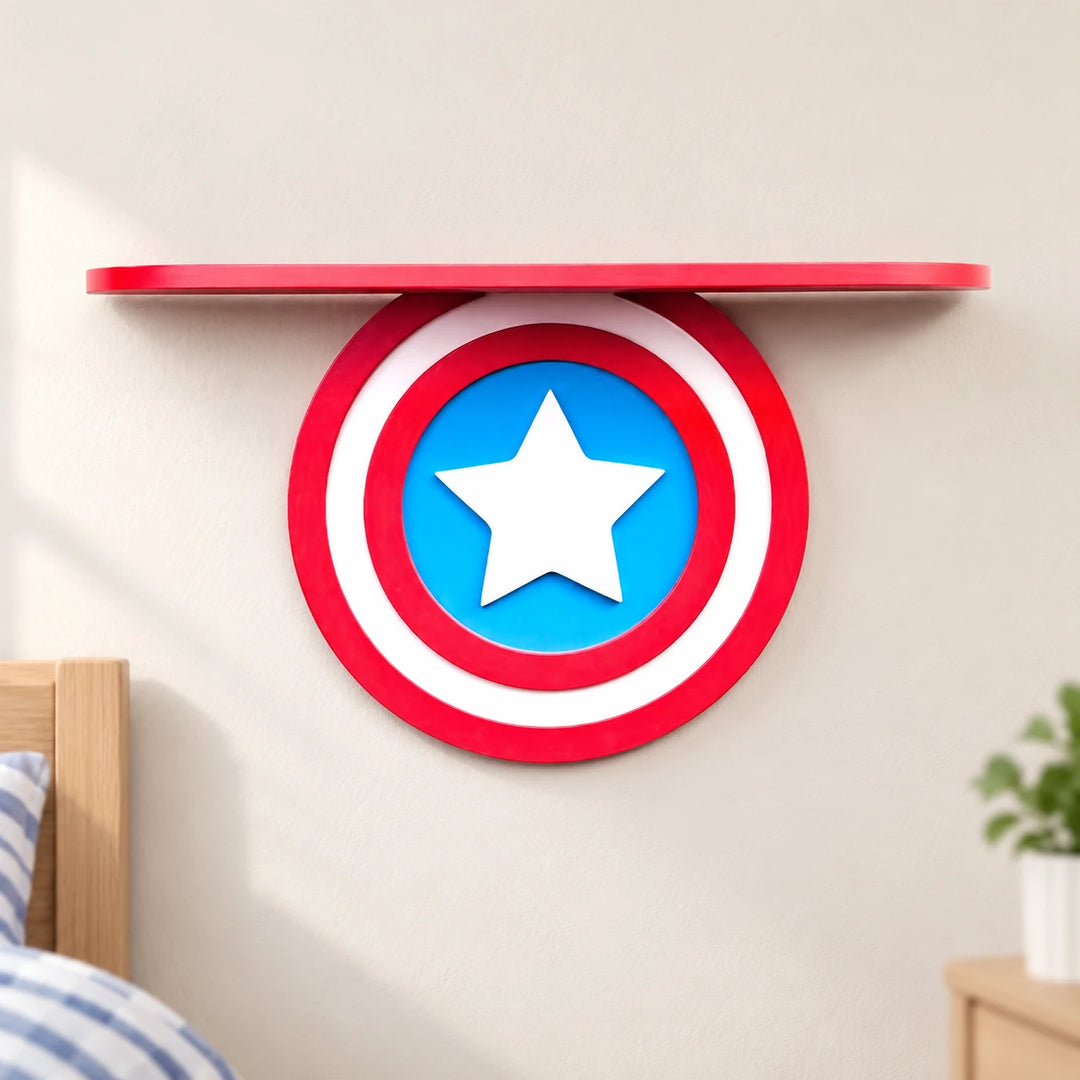 Red Captain America shield shelf with a white star in a bedroom setting