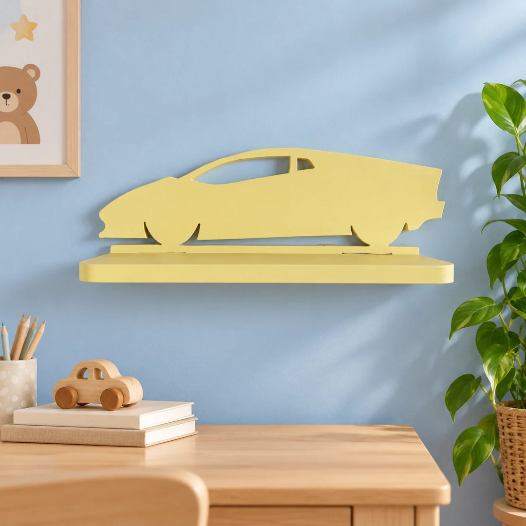 Yellow car silhouette floating shelf in a styled room with books and a natural plant