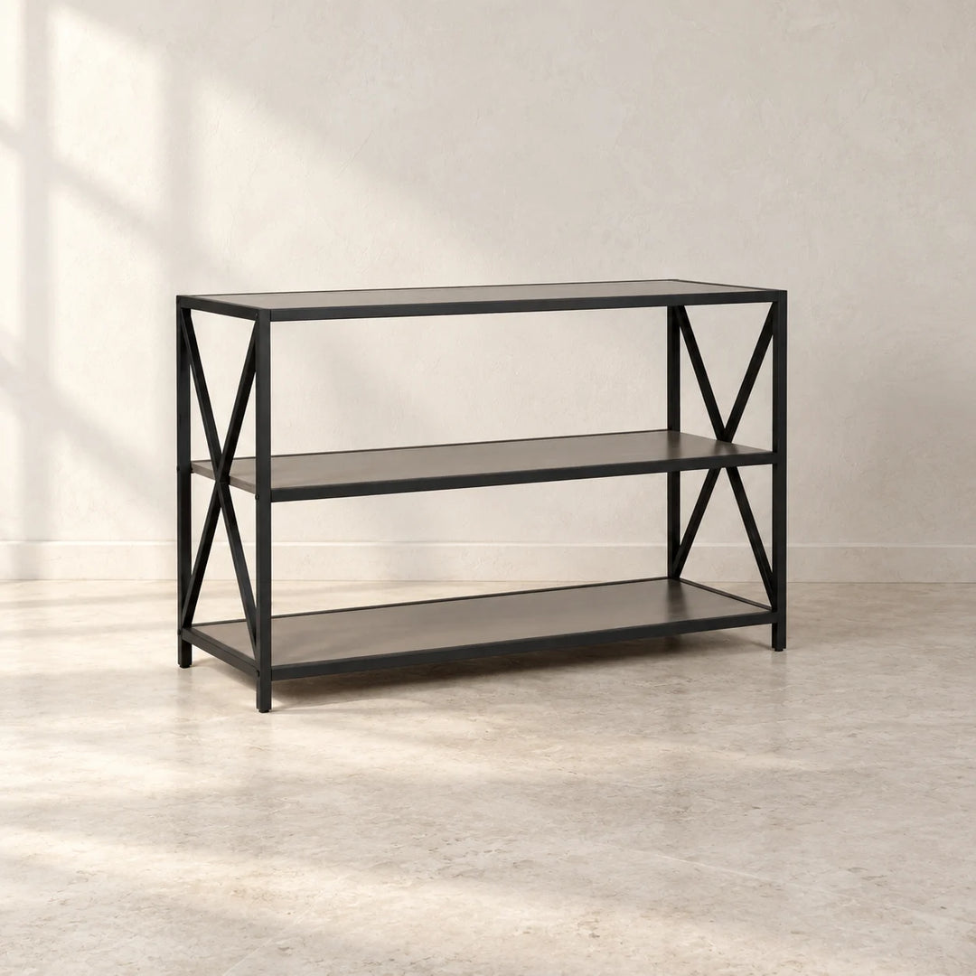 Carbon three shelf console rack with black X frame sides in natural light