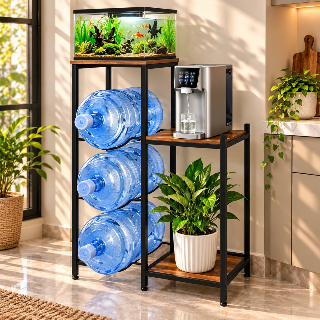 Tabletop water bottle holder rack storing three blue bottles with plant on side shelf