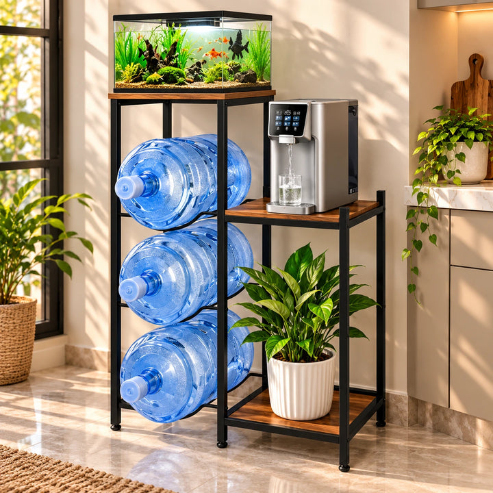 Tabletop water bottle holder rack storing three blue bottles with plant on side shelf