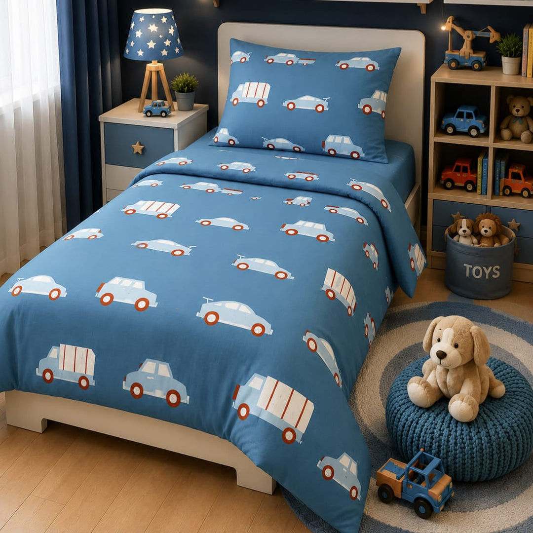 Kids single bed sheet with a car print