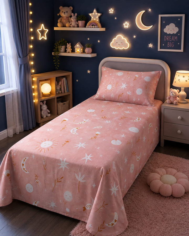 Peach-pink celestial print kids single bed sheet with sun, moon and star design