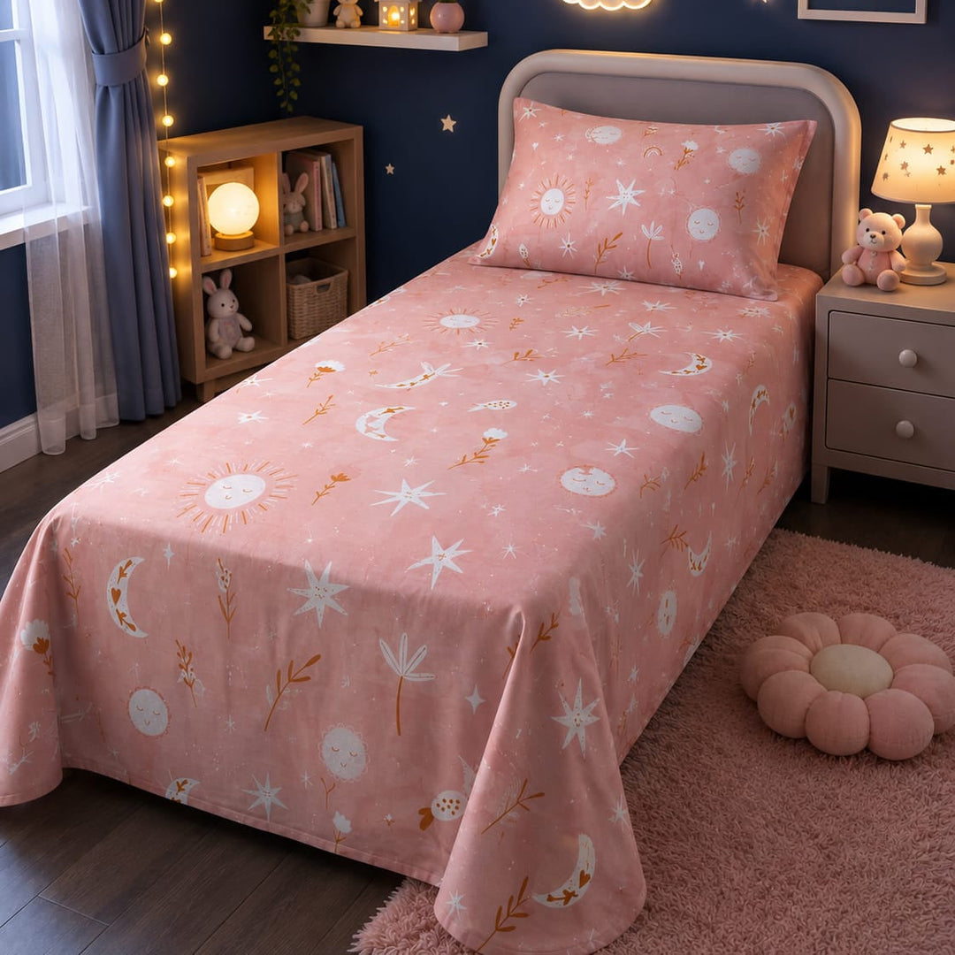 Peach-pink celestial print kids single bed sheet with sun, moon and star design