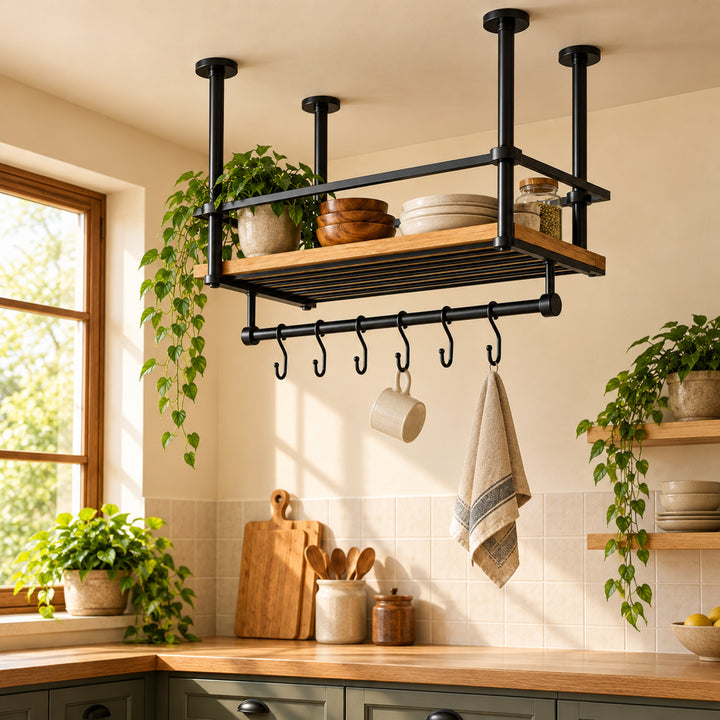 Celio ceiling pot rack concept lifestyle view with natural greenery and warm kitchen styling