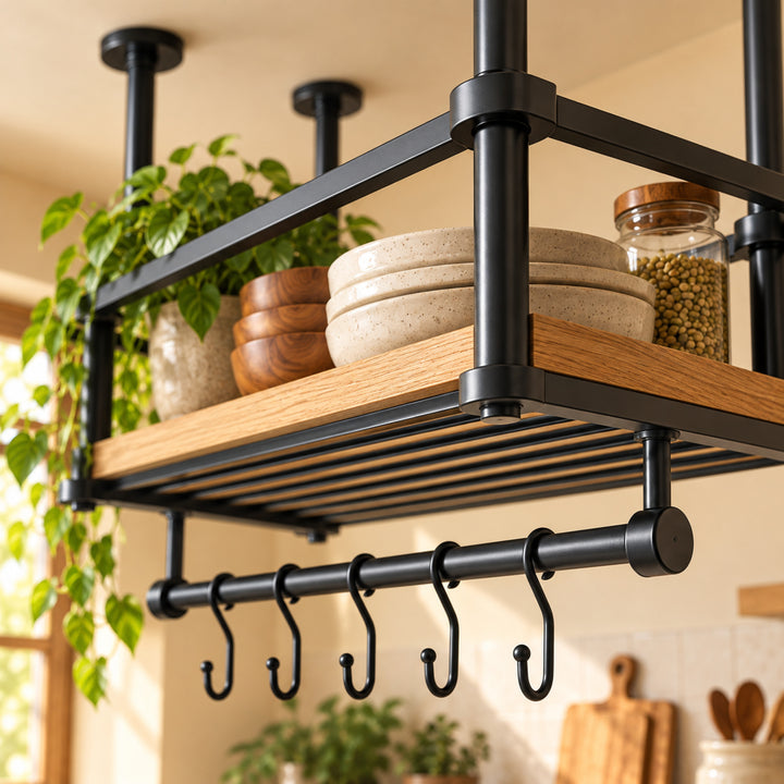 Celio ceiling pot rack concept construction detail with natural greenery and warm kitchen styling