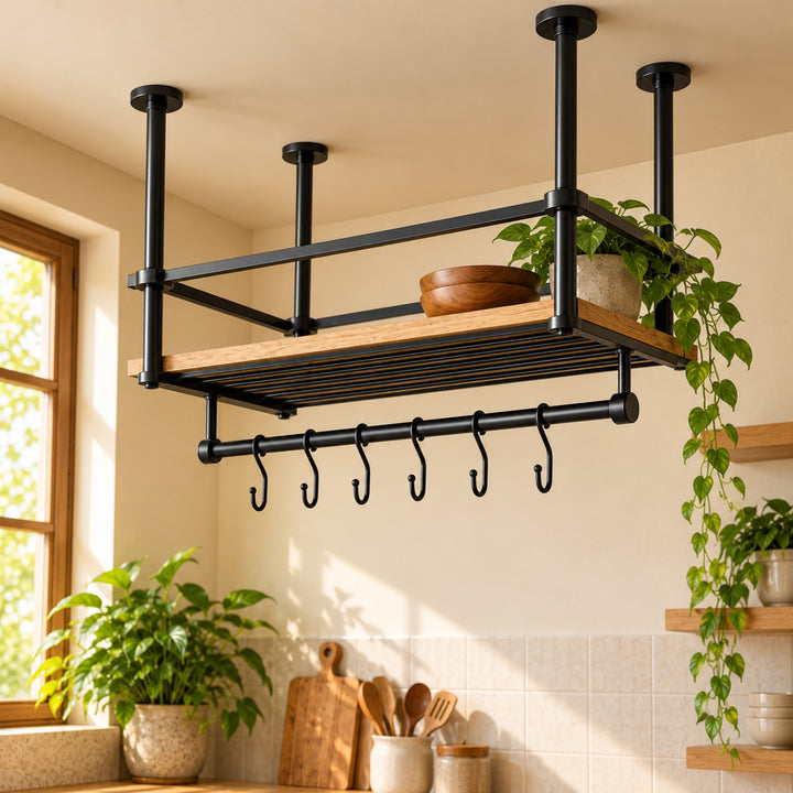 Celio ceiling pot rack concept alternate view with natural greenery and warm kitchen styling
