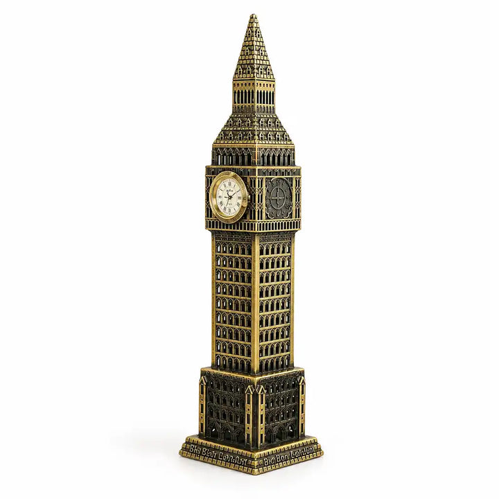 Bronze Big Ben clock tower decor figurine, angled view on white background