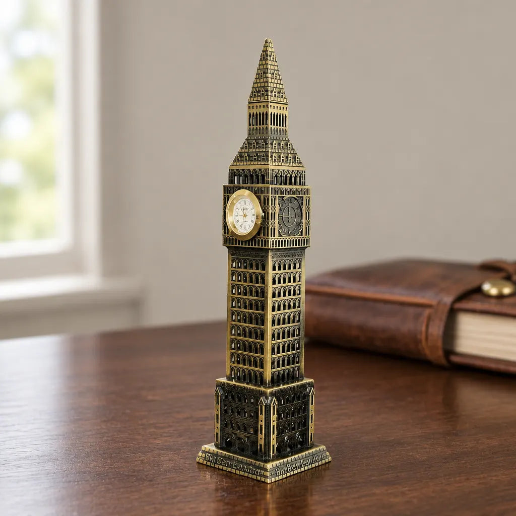 Antique bronze Big Ben clock tower building decor on wooden desk beside leather notebook