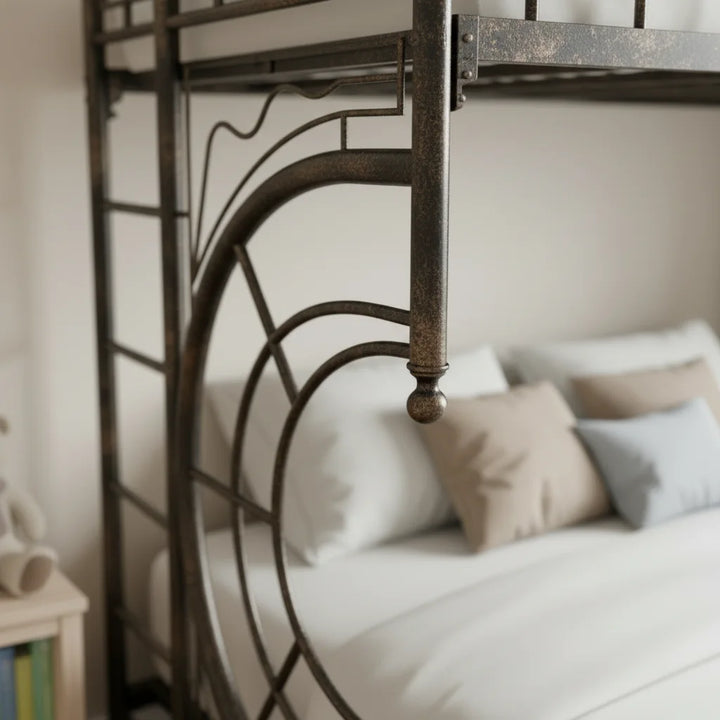 Close-up of bronze metal bunk bed