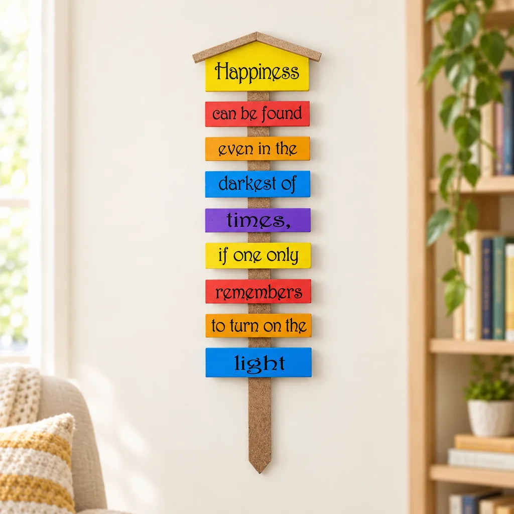 Colourful wooden signpost wall caption decor with Happiness quote hanging near bookshelf