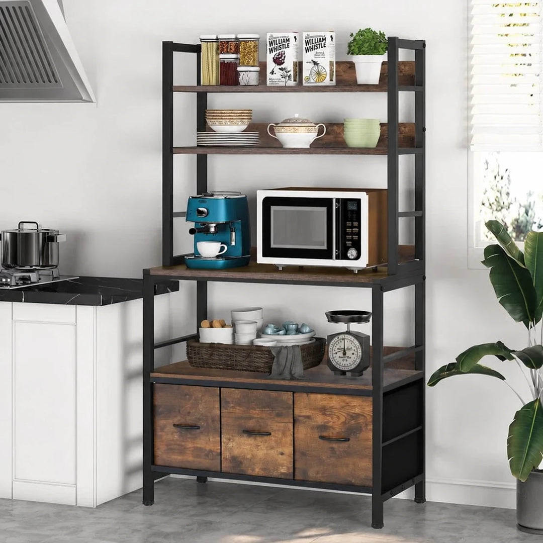 Brown kitchen storage rack and cabinet in a bright kitchen setting