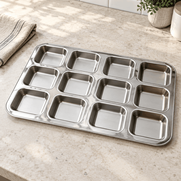 Silver twelve-cup oven baking muffin pan with square cavities on kitchen counter