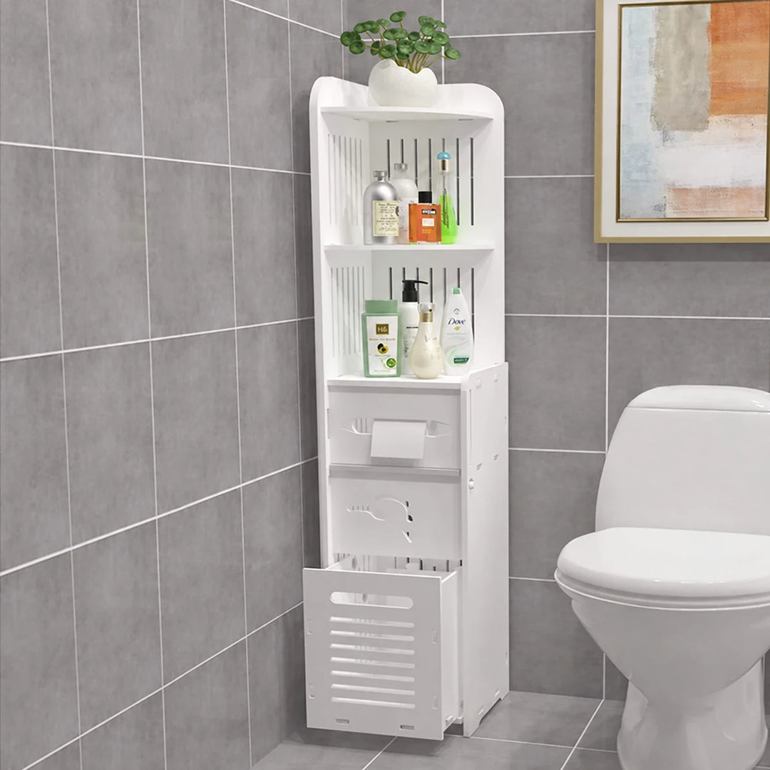 White bathroom organizer with open lower compartment beside a toilet