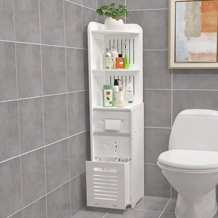 White bathroom organizer with open lower compartment beside a toilet