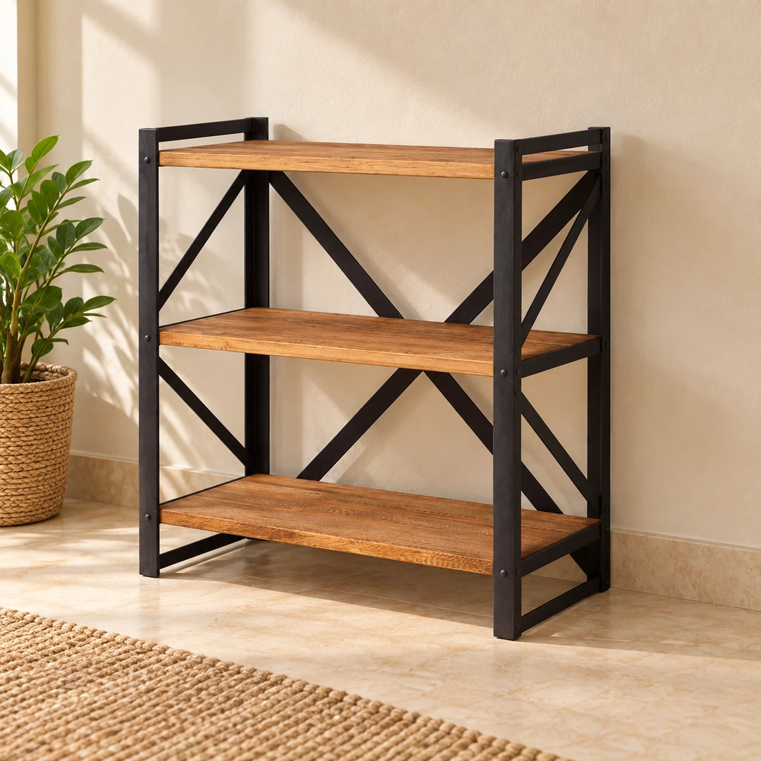 Court Lodge Style 1 three-shelf narrow wood and black metal rack against a warm sunlit wall