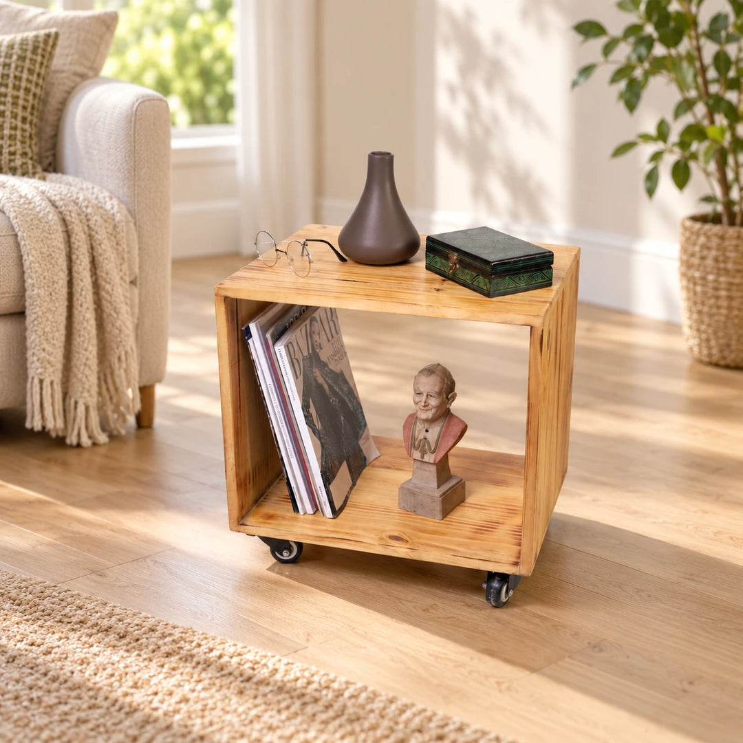 Wooden rolling open cabinet beside a sofa