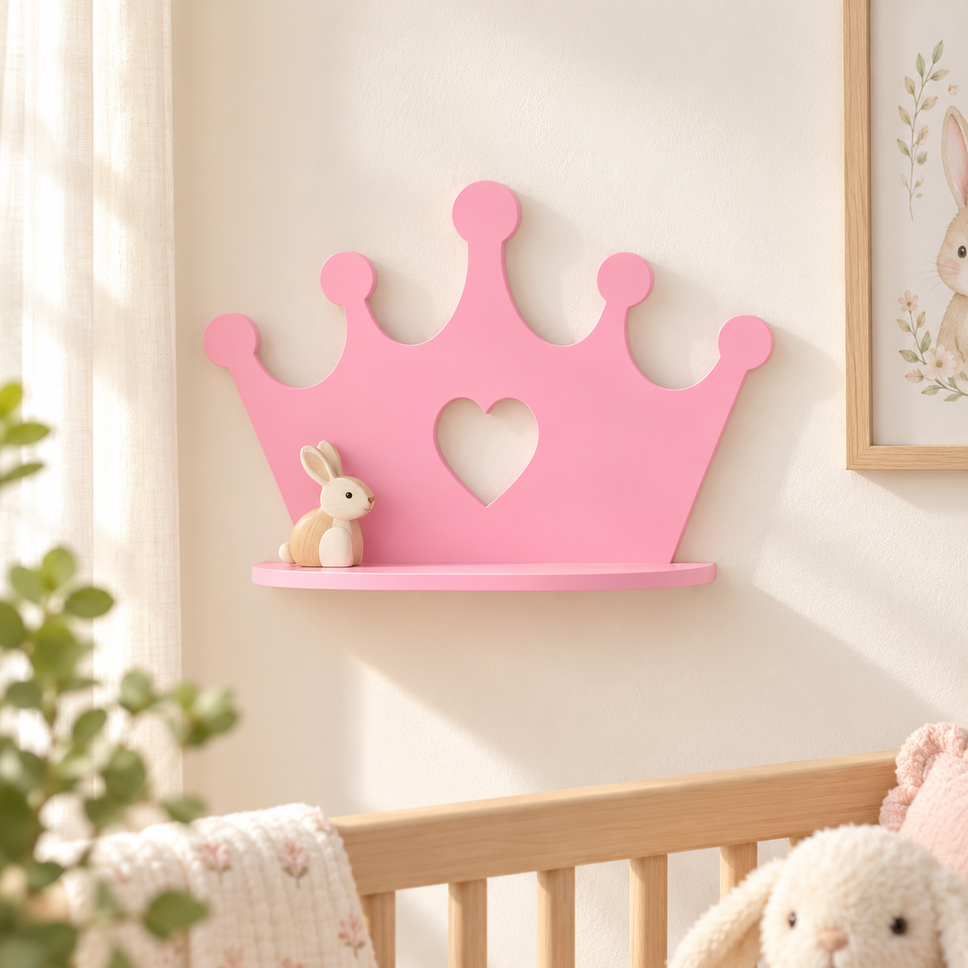 Pink crown-shaped wall shelf with a small wooden bunny in a sunlit nursery