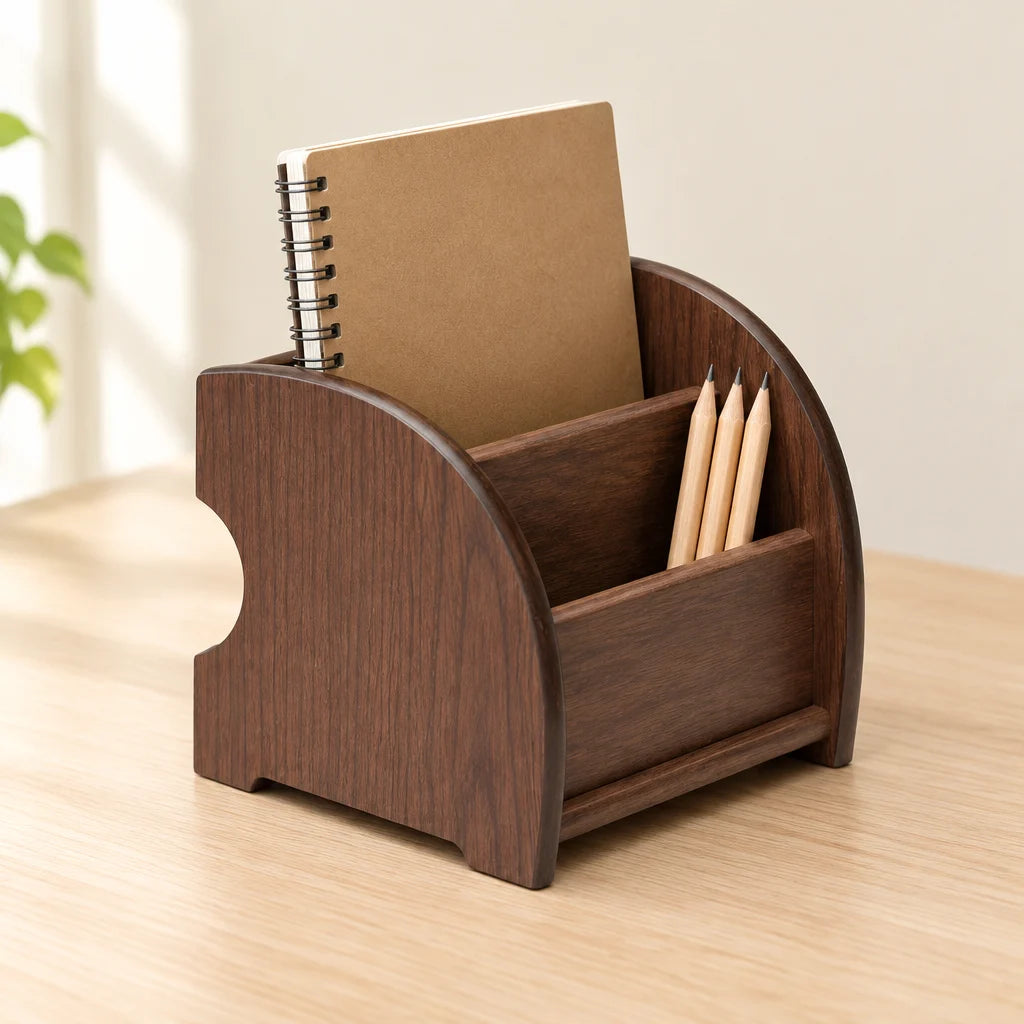Side view of curved dark wood pencil holder with notebook and pencils