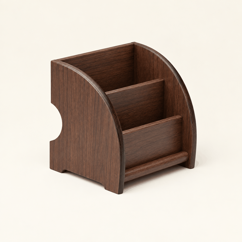 Dark wood desk pencil organizer with curved side, angled view on cream background