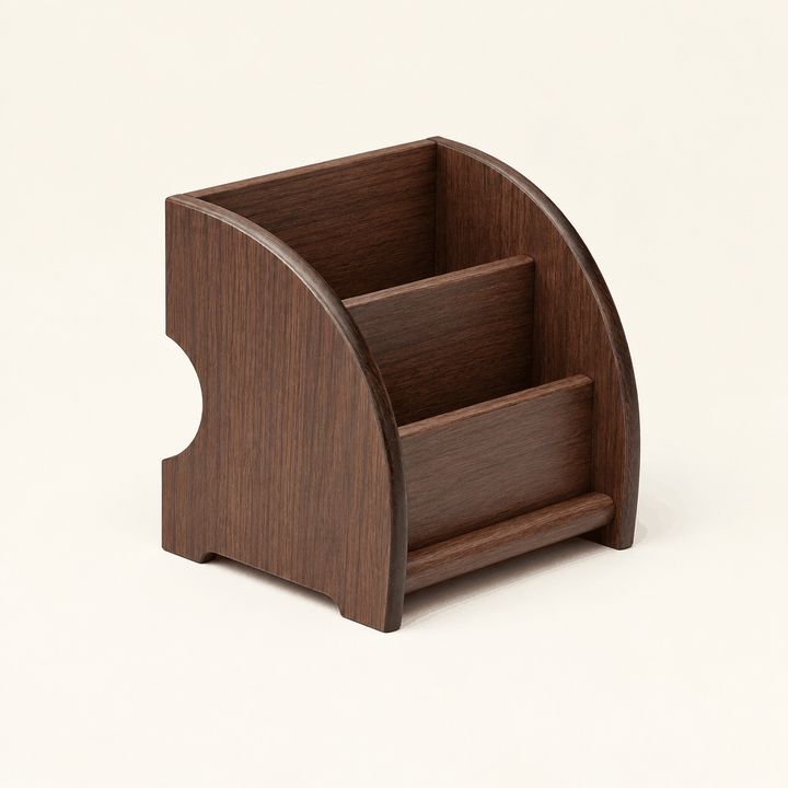 Dark wood desk pencil organizer with curved side, angled view on cream background