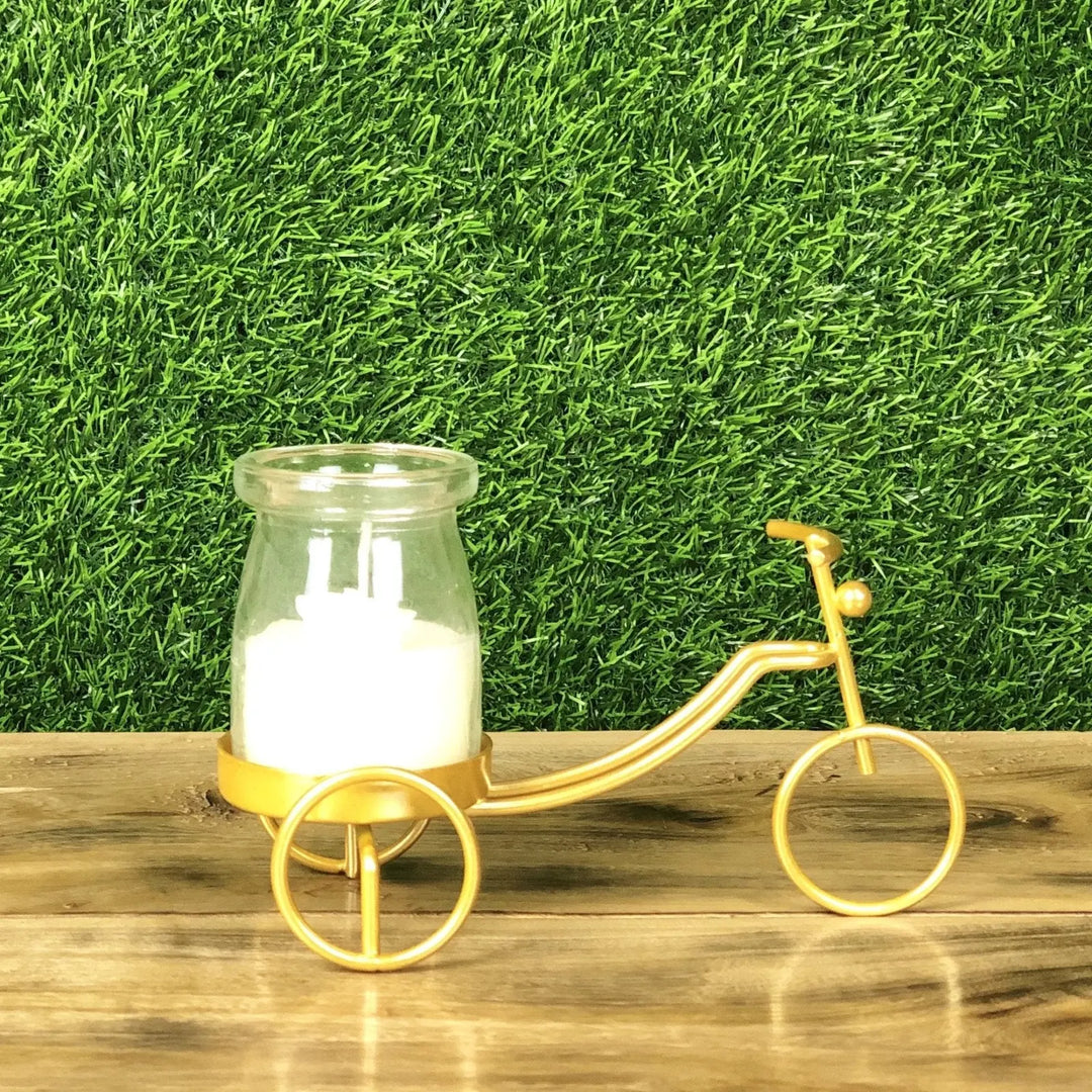 Cycle Metal Golden Candle Stand with Glass Pot &amp; Candle | Home Décor | Waseeh Pakistan