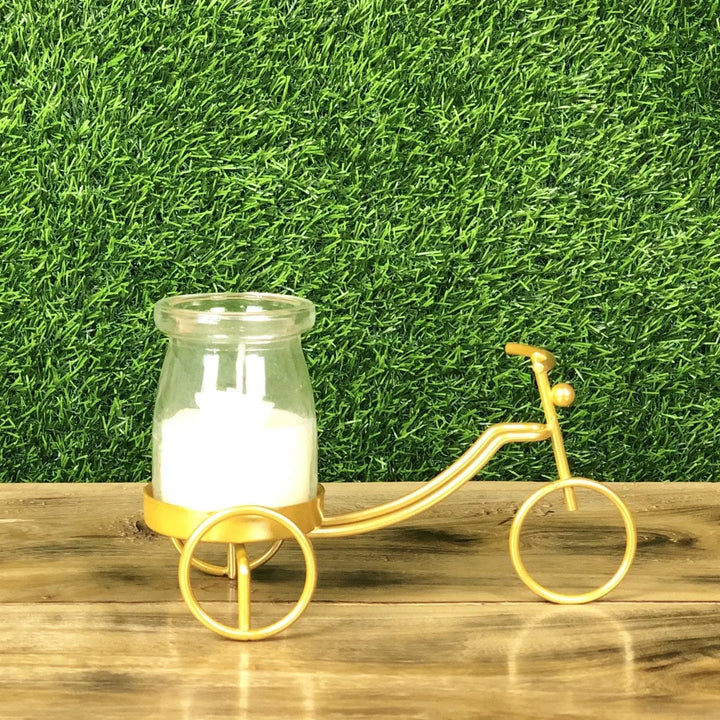 Cycle Metal Golden Candle Stand with Glass Pot &amp; Candle | Home Décor | Waseeh Pakistan