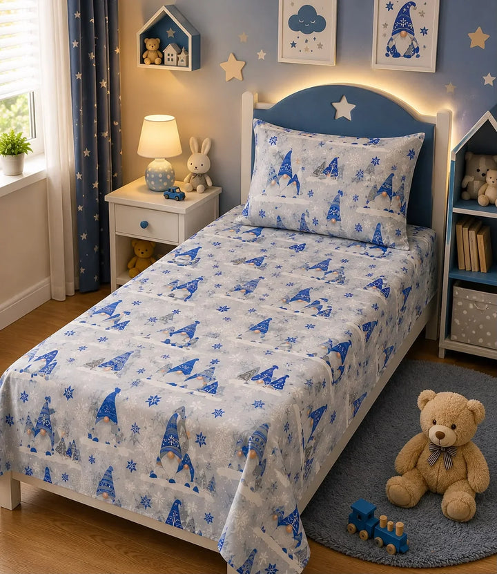 Blue and grey kids single bed sheet with winter gnome and snowflake print