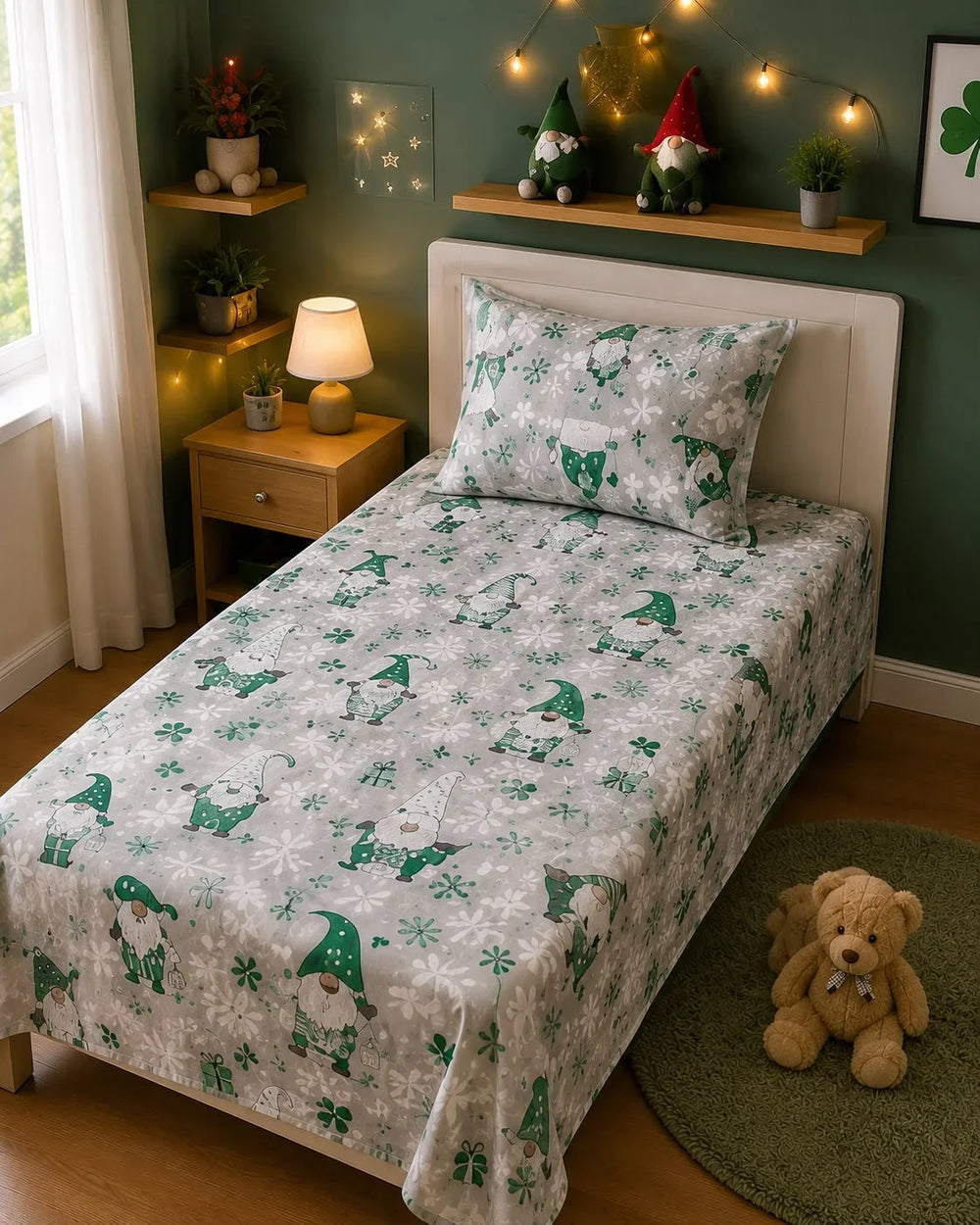 Green kids single bed sheet with gnome, clover and blossom print