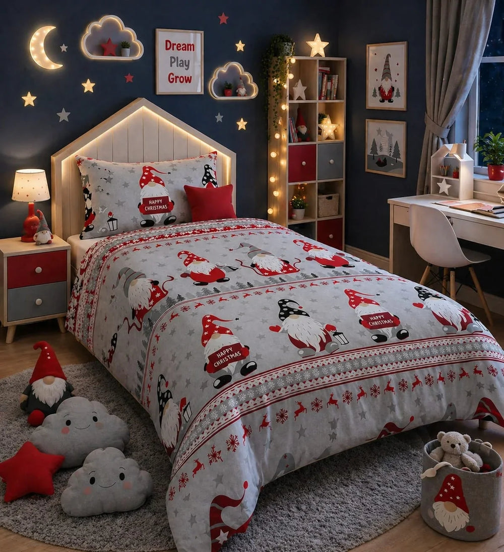 Grey and red kids single bed sheet with Christmas gnome and reindeer print