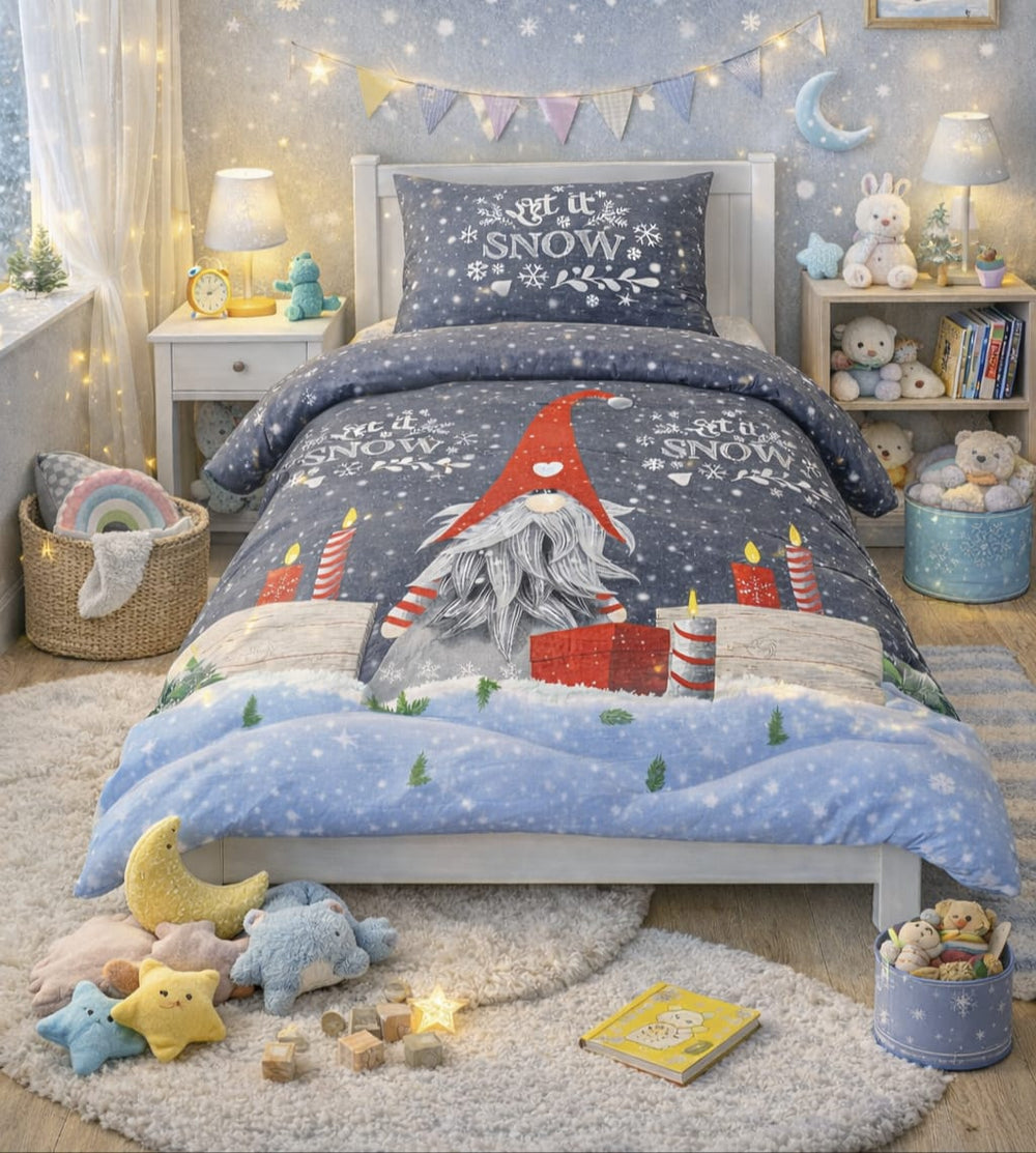 Deep blue kids single bed sheet with gnome, candles and snowy hill print