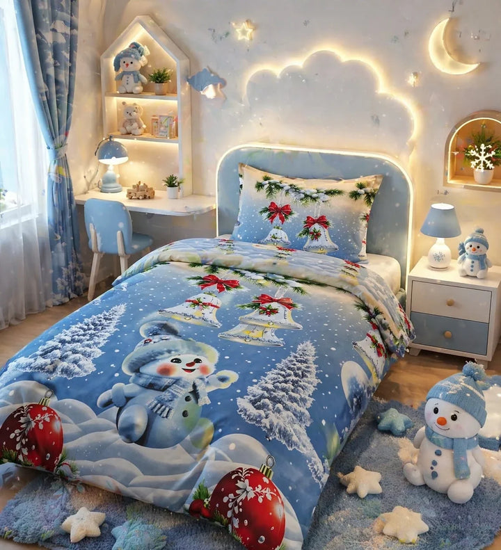 Winter blue kids single bed sheet with snowman, jingle bell and pine print
