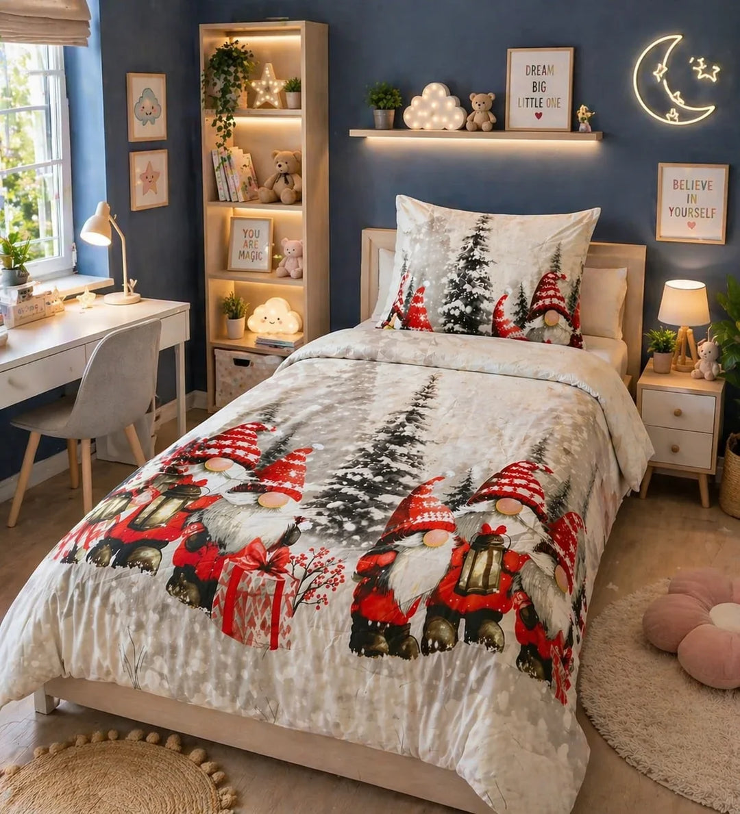Soft beige kids single bed sheet with lantern-carrying gnomes and snowy pines