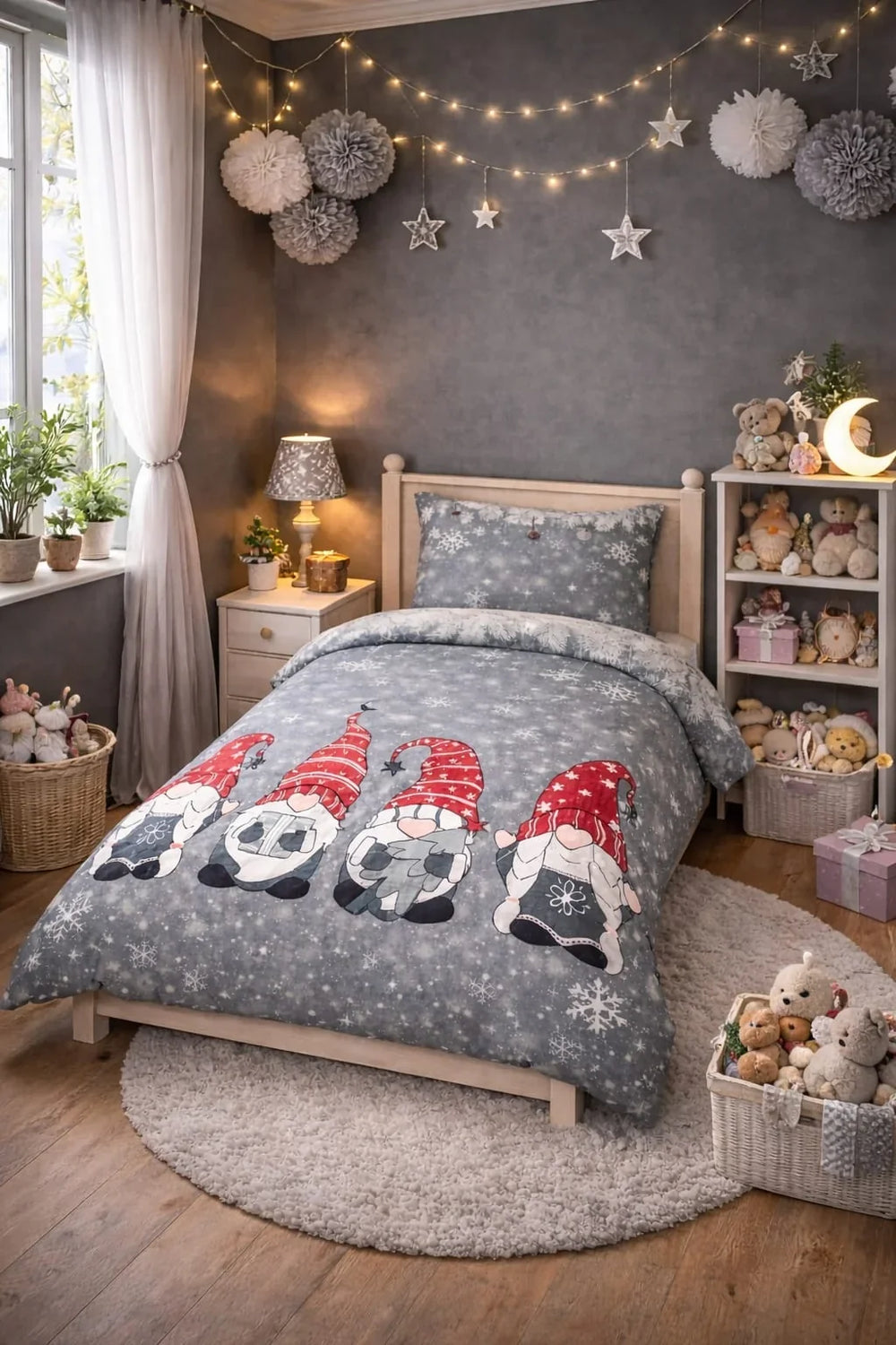 Soft grey kids single bed sheet with snow-covered gnomes and snowflakes