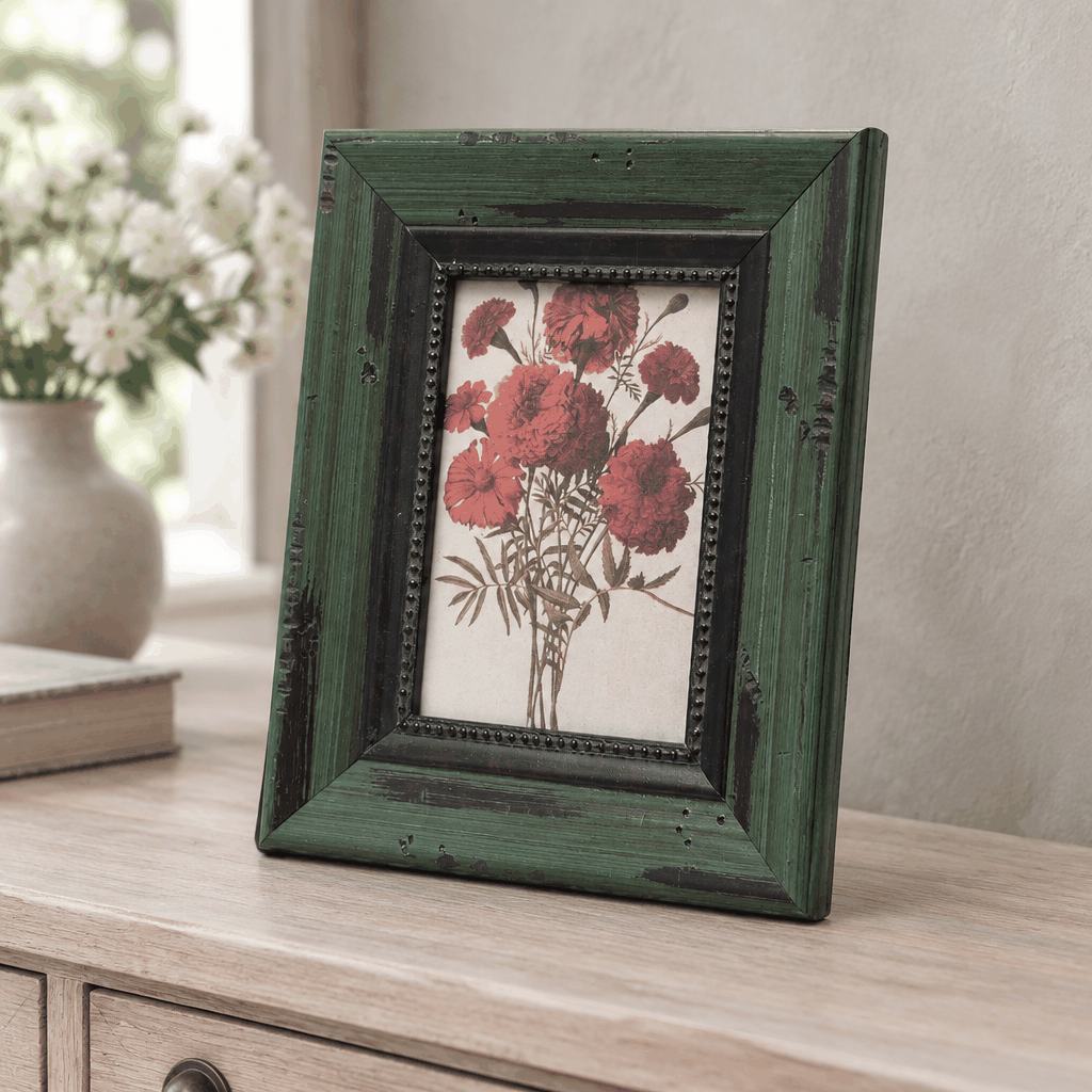 Dark green wooden photo frame with red flower print on dresser