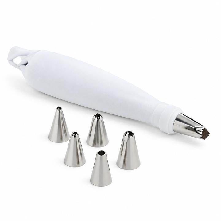 White icing pen with decorating nozzles on a white background