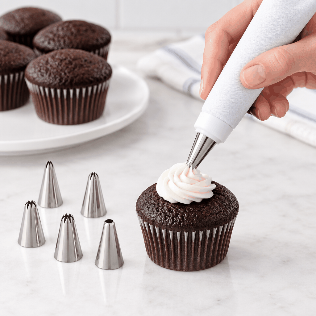 White icing pen piping frosting onto a cupcake with spare nozzles alongside