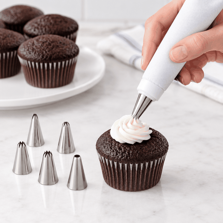White icing pen piping frosting onto a cupcake with spare nozzles alongside