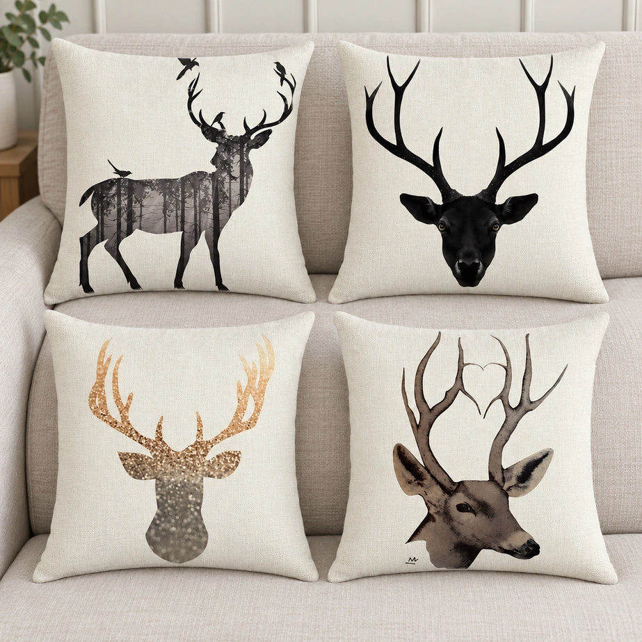 Four cream deer-design cushion covers styled on a neutral sofa