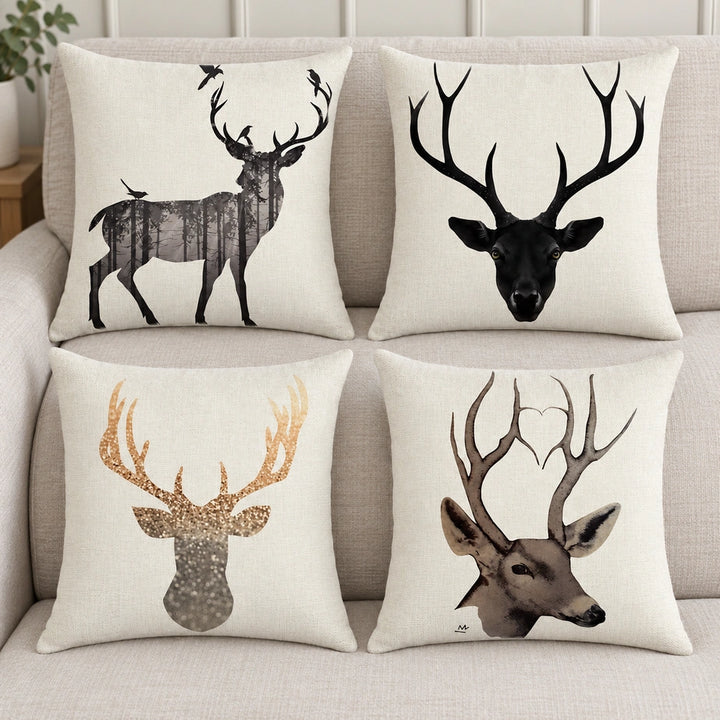 Four cream deer-design cushion covers styled on a neutral sofa