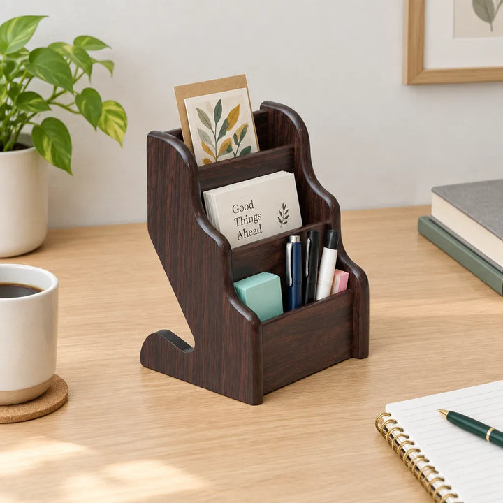 Dark wooden pencil vase desk organizer holding pens and notes on wooden desk