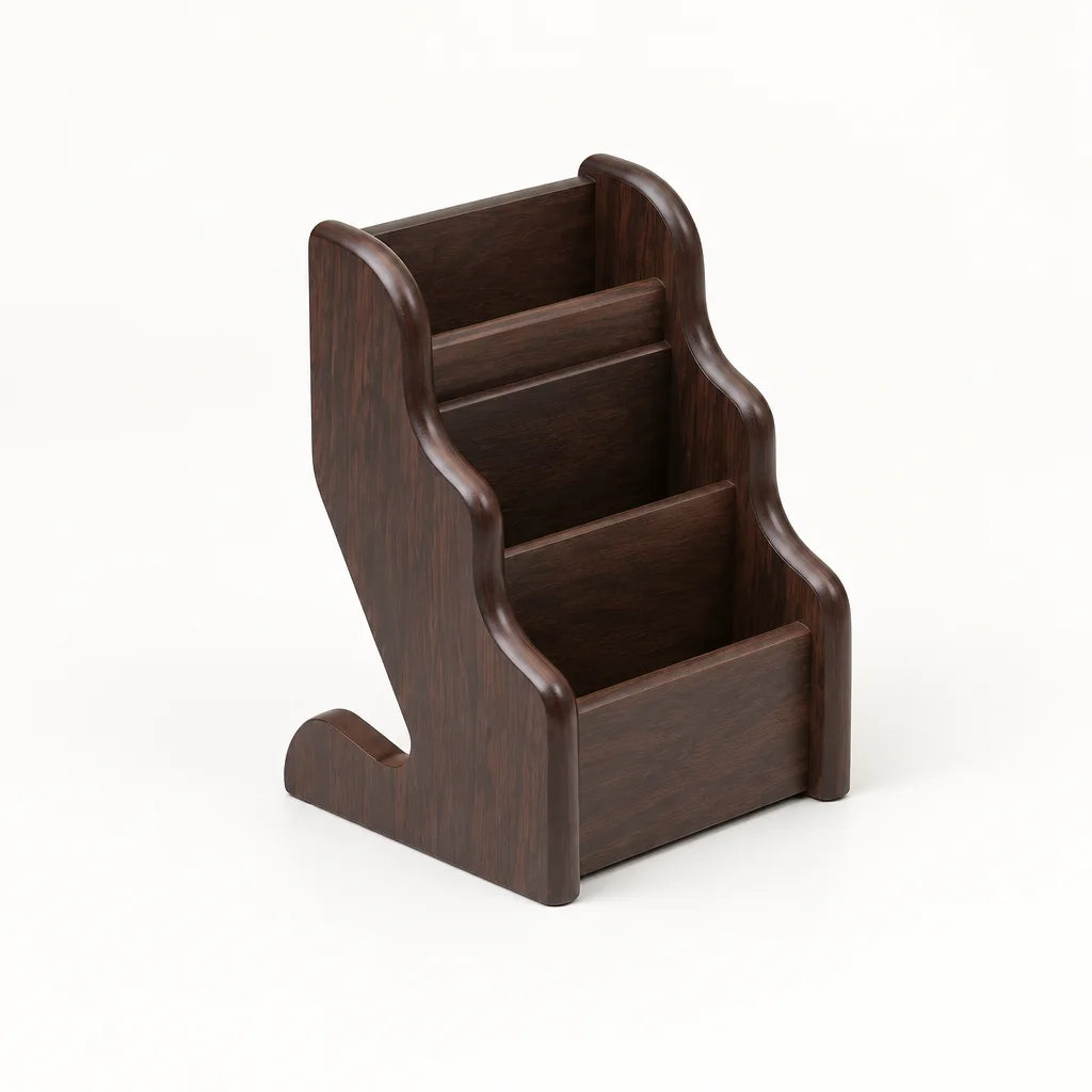 Empty dark brown wooden pencil vase with three tiered compartments on white background